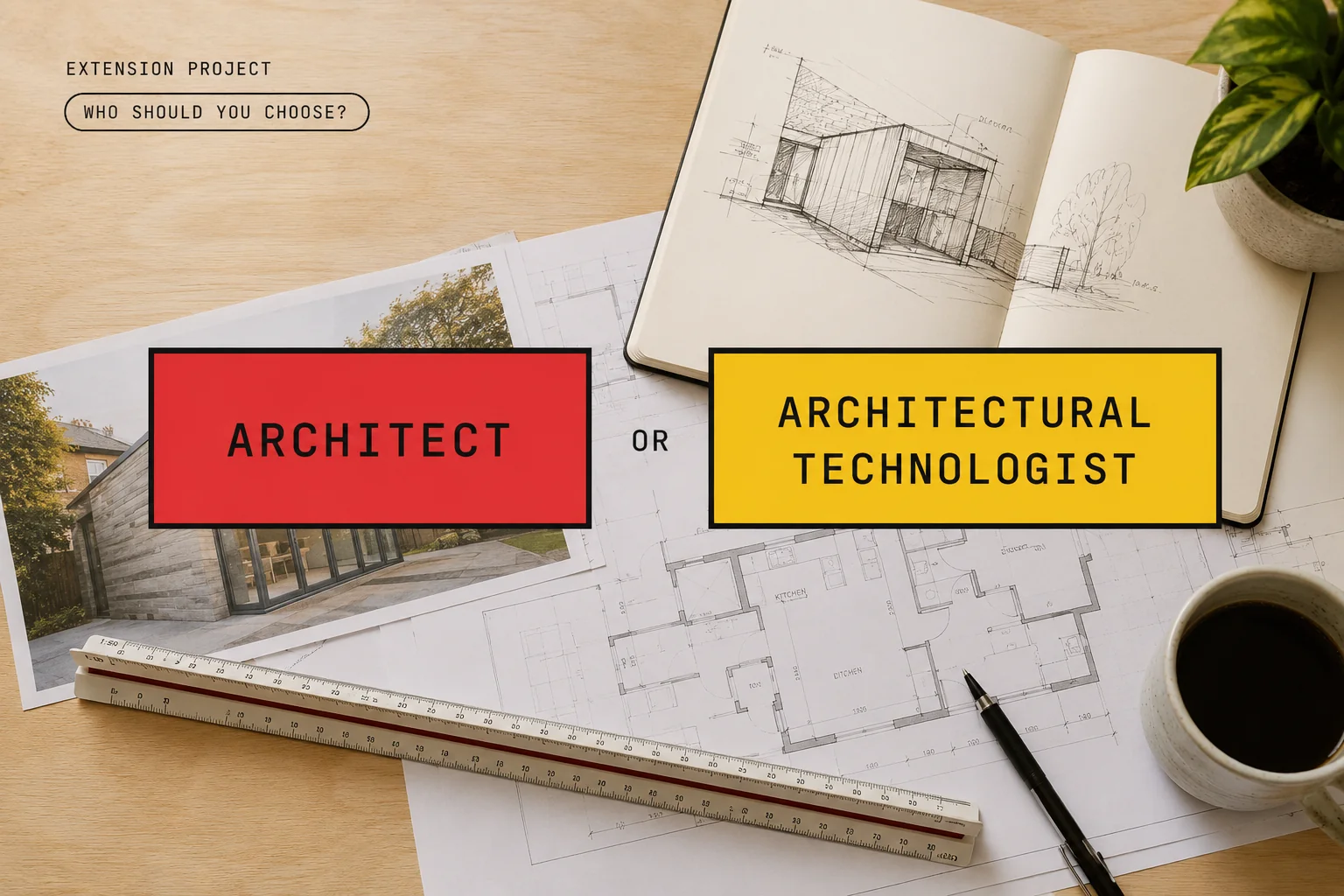 Architect or Architectural Technologist? Two labelled cards over an architect's desk: site photo, hand sketches in a notebook, a floor plan, scale rule, pen and a cup of coffee.