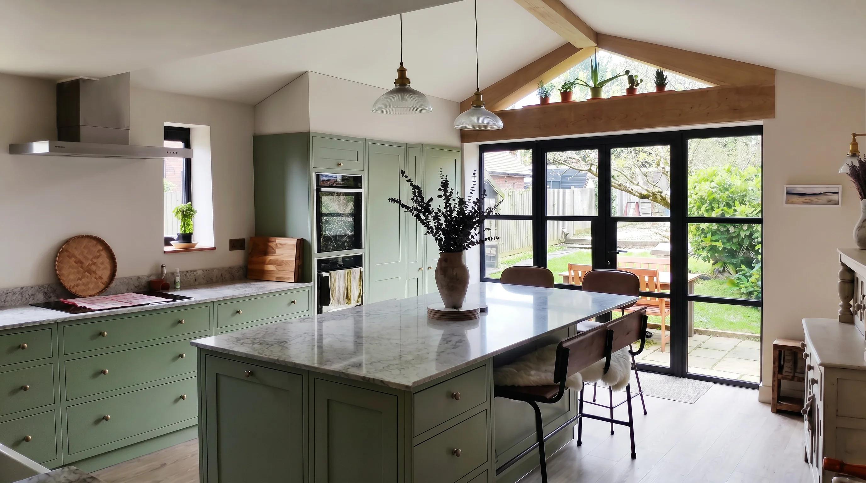 Kitchen-diner inside the rear extension, sage-green Shaker cabinets, marble-topped island and exposed oak frame, Charlwood Surrey