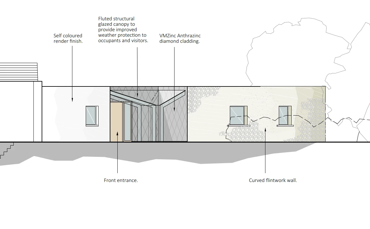 Glass canopy concept, perspective of the proposed entrance intervention