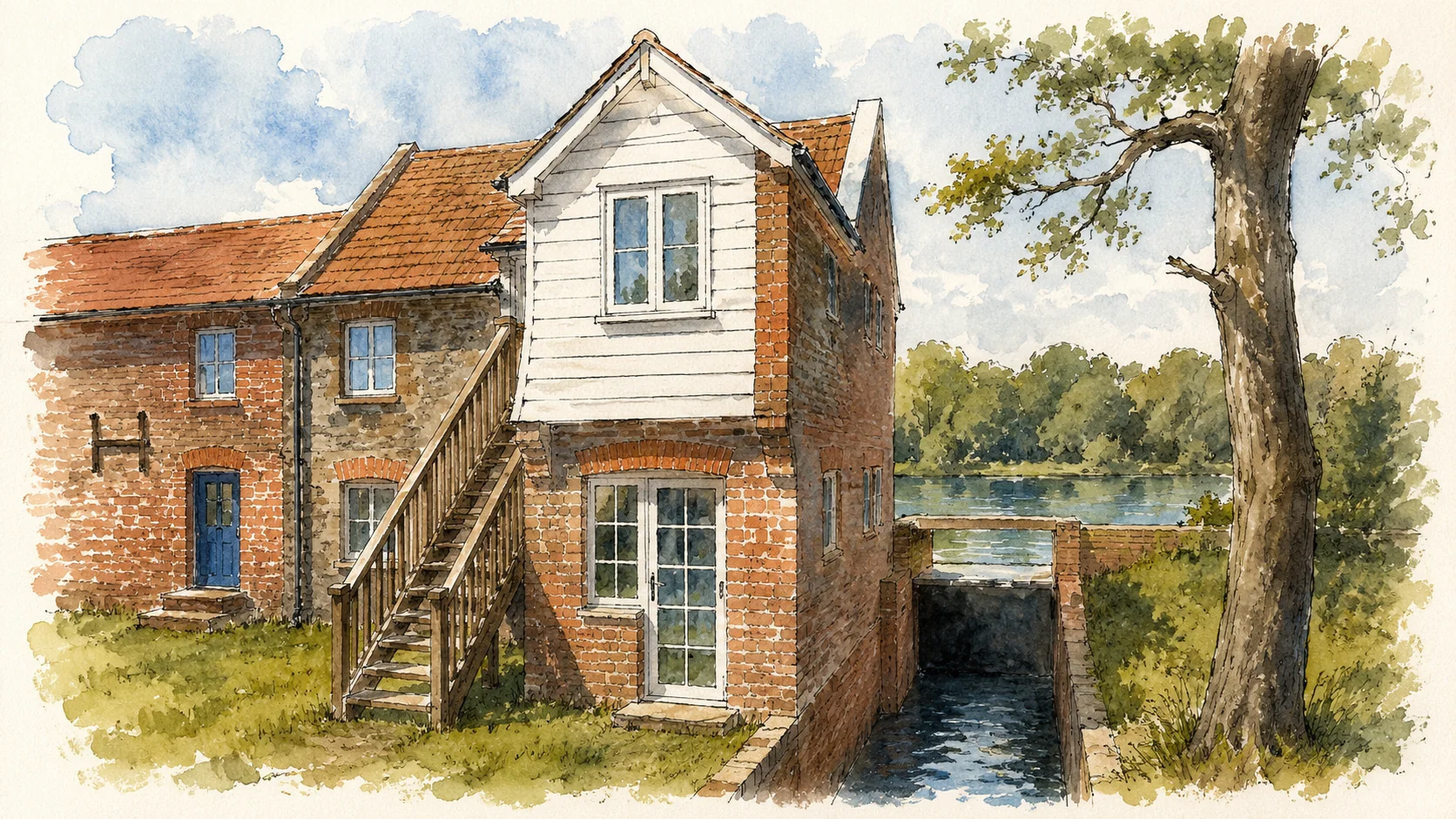 Watercolour illustration of the proposed first-floor weatherboard extension and external stair, beside the millrace and pond