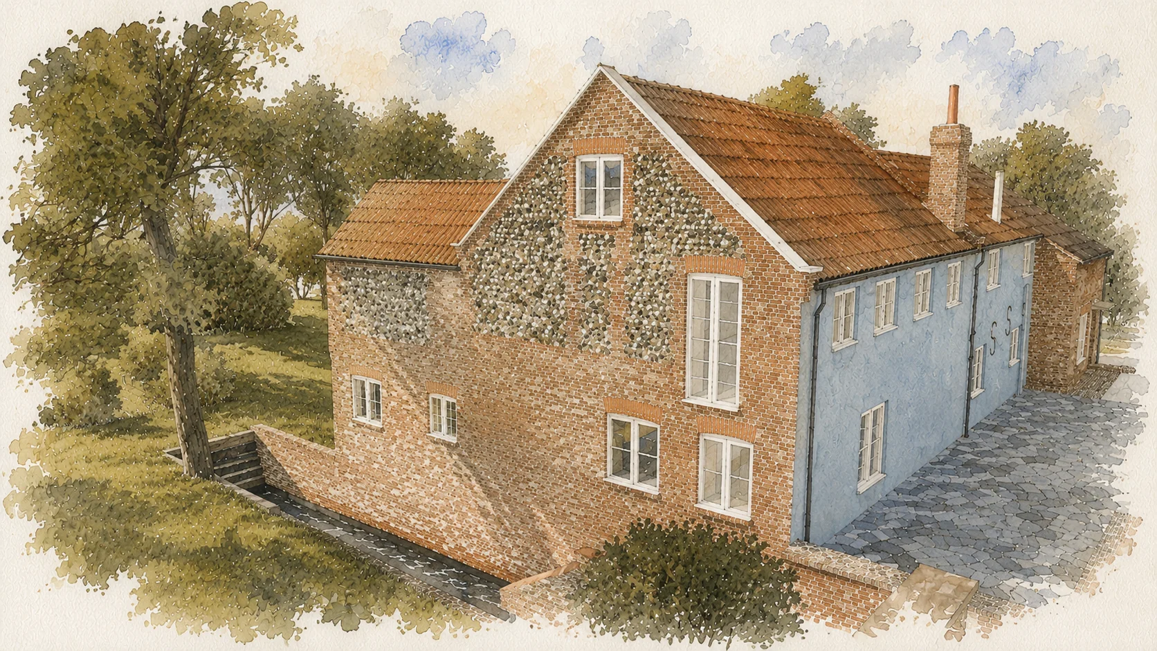 Watercolour illustration of the gable elevation, brick-and-flint chequerboard masonry, blue render side wall and terracotta-tile roof