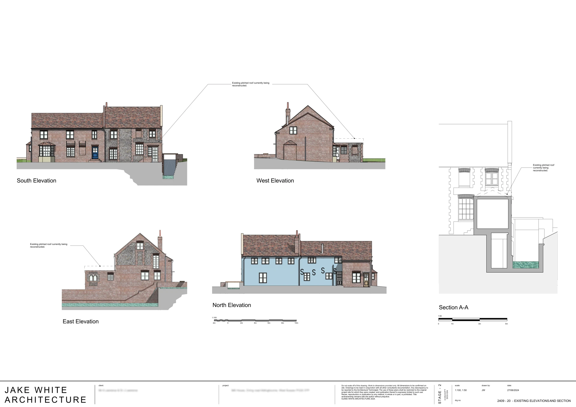 The Mill, Chichester: existing elevations and section of the historic mill