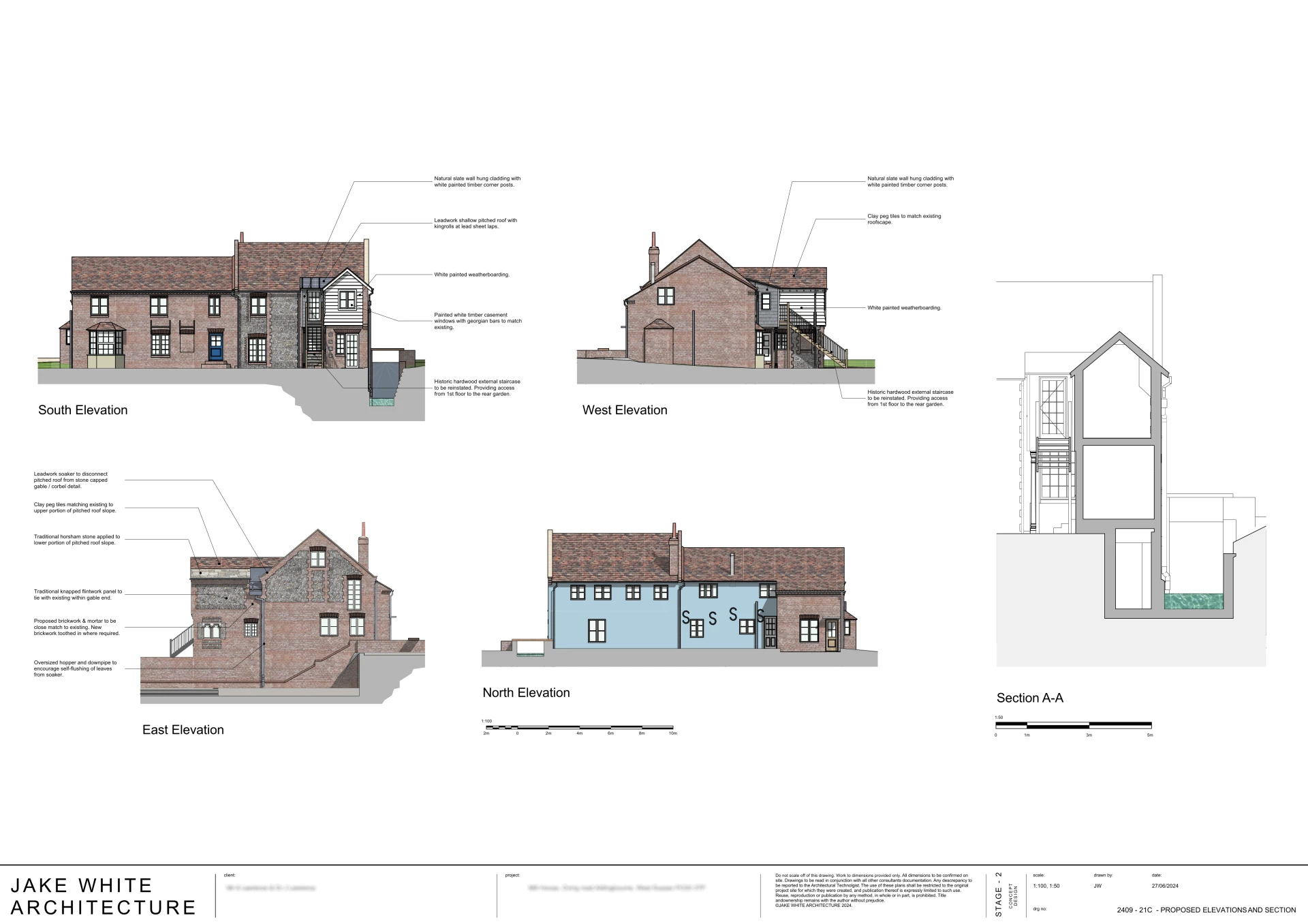 The Mill: proposed elevations and section, first-floor timber-frame addition
