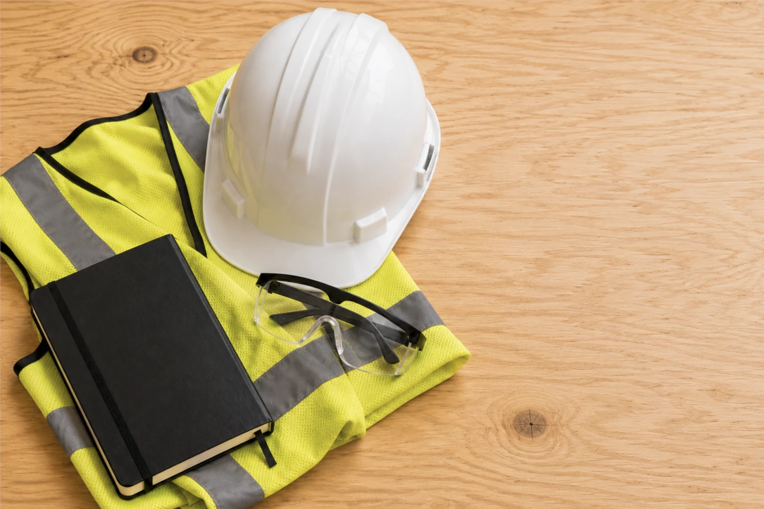 Hard hat, hi-vis vest, safety glasses and a site notebook arranged on a timber surface.